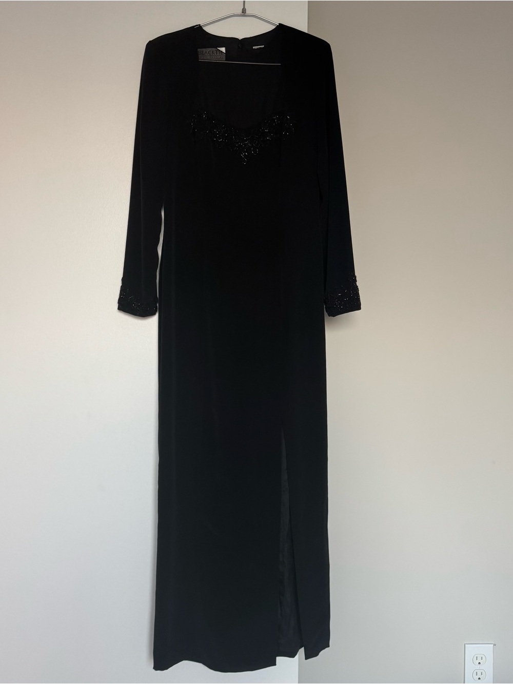 Vtg 80s Oleg Cassini Black Tie Beaded Illusion Maxi Evening Gown S